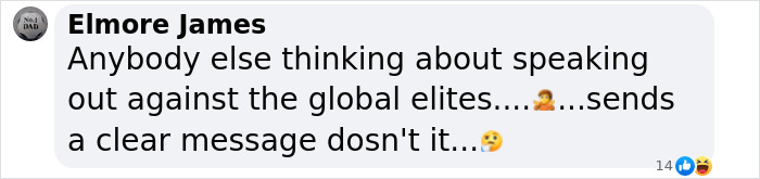 Comment from Elmore James questioning speaking out against global elites, casting doubt on Virginia Giuffre lawyer claim.