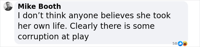 Comment from Mike Booth casting doubt on Virginia Giuffre&rsquo;s reported claim of taking her own life, suggesting corruption.