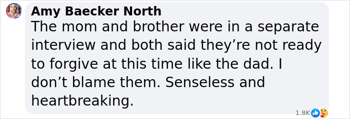 Amy Baecker North's comment on a heartbreaking family interview post, discussing forgiveness and loss.
