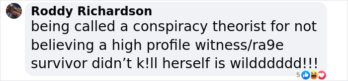 Comment by Roddy Richardson casting doubt on claim about Virginia Giuffre&rsquo;s lawyer questioning her reported suicide.