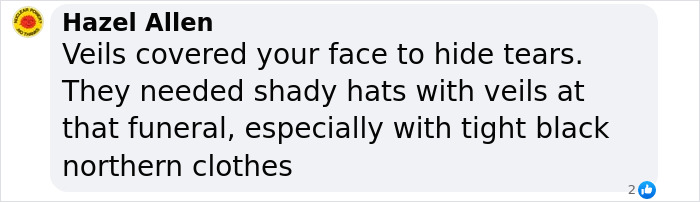 Text from Hazel Allen discussing veils and attire at a funeral, referencing leaders' respect. Text from Hazel Allen discussing veils and attire at a funeral, referencing leaders' respect.