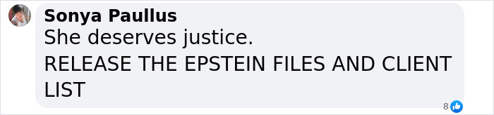 Comment by Sonya Paullus demanding justice and the release of Epstein files and client list on social media post.