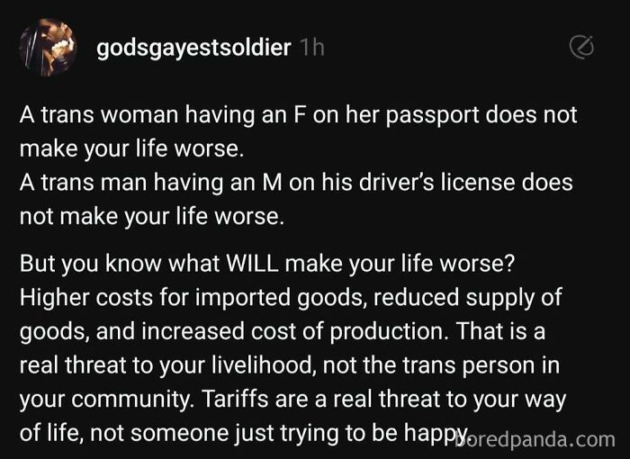 Text post criticizing capitalism, highlighting issues like tariffs and import costs, and defending trans rights.