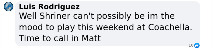 Text message discussing Weezer bassist's Coachella plans amidst LA incident.