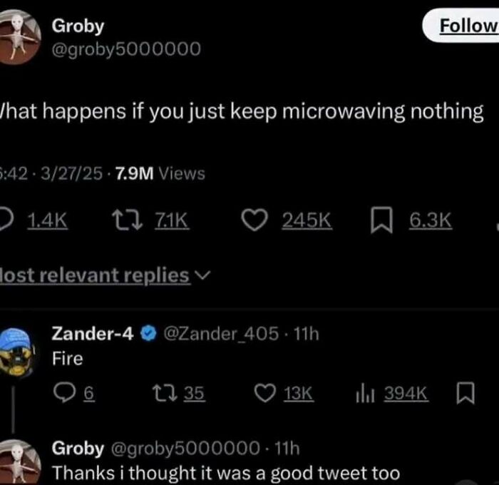 Tweet meme asking about consequences of microwaving nothing, with humorous reply.