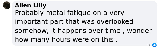 Comment discussing potential metal fatigue before helicopter crash.