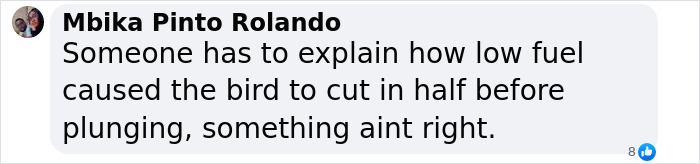Comment discusses possible causes of helicopter crash, mentioning low fuel and unexpected split before impact.