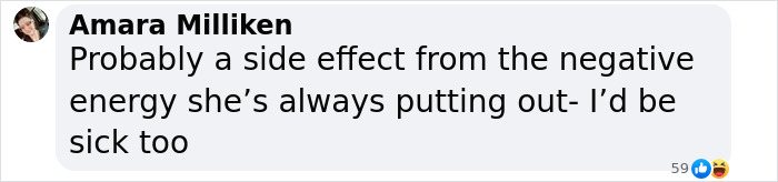 Text from Amara Milliken about negative energy, linked to a sick dog incident involving Rachel Zegler.