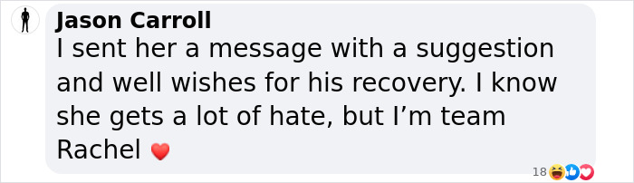 Jason Carroll's supportive message for Rachel Zegler's sick dog, expressing well wishes and solidarity.