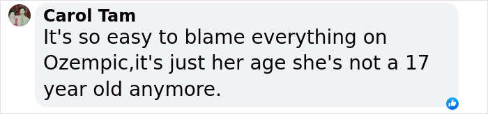 Comment about Ozempic side effects and age, referencing blame on the medication.