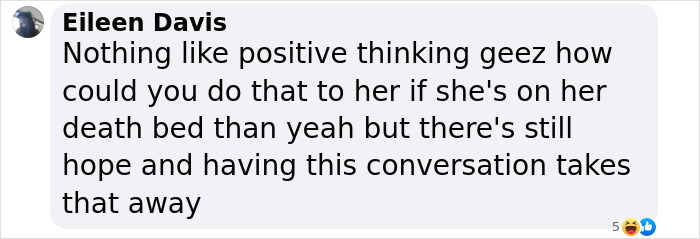 Comment discussing positive thinking amid Teddi Mellencamp's cancer battle funeral plans.