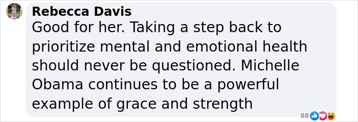Comment supporting Michelle Obama prioritizing mental health amidst rumors. Comment supporting Michelle Obama prioritizing mental health amidst rumors.