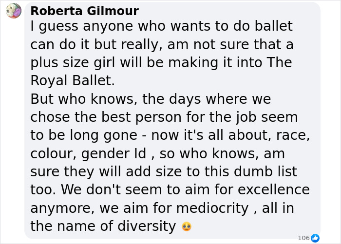 Comment criticizing inclusivity of plus-size dancers in ballet.