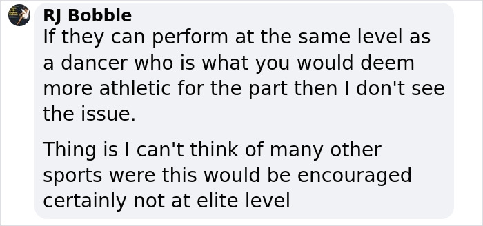 Comment discussing plus-size dancers' performance at the Royal Ballet School.