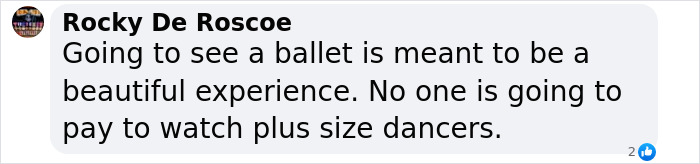 Text screenshot of a comment criticizing inclusion of plus-size dancers in ballet.