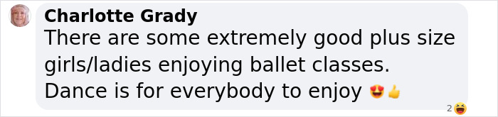 Charlotte Grady comments on plus-size dancers in ballet, highlighting inclusivity and enjoyment for all.