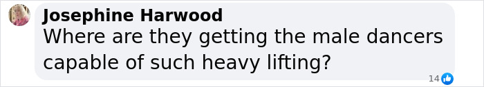 Comment questioning male dancers' ability to lift plus-size dancers, related to obesity promotion in ballet.
