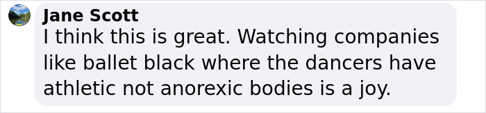 Jane Scott's comment on plus-size dancers' inclusion, praising athletic over anorexic ballet bodies.