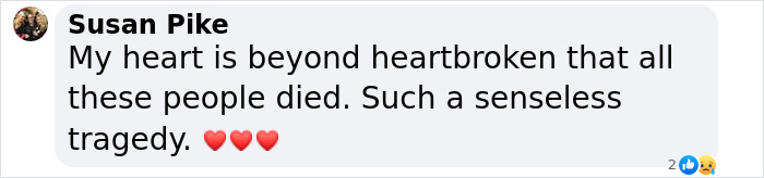 Comment expressing sorrow over NYC helicopter crash tragedy with heart emojis.