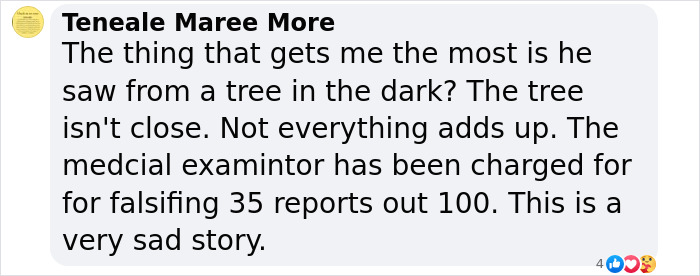 Comment discussing inconsistencies in a case, mentioning a tree, dark conditions, and a charged medical examiner.