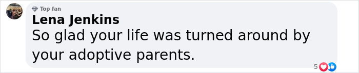 Facebook comment by Lena Jenkins, expressing relief about someone's life improvement through adoptive parents.