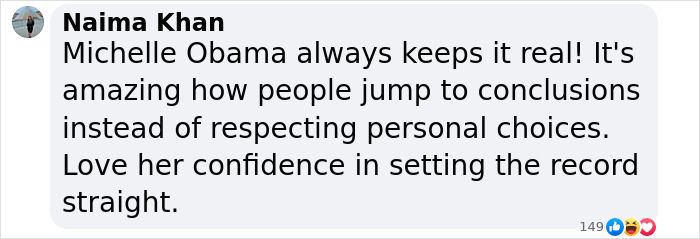 Text comment praising Michelle Obama's authenticity and confidence amidst divorce rumors. Text comment praising Michelle Obama's authenticity and confidence amidst divorce rumors.