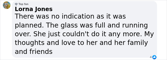 Comment by Lorna Jones expressing sympathy and doubt about the claim Virginia Giuffre took her own life.