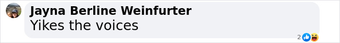 Comment screenshot mentioning "Yikes the voices" with reaction emojis. Comment screenshot mentioning "Yikes the voices" with reaction emojis.