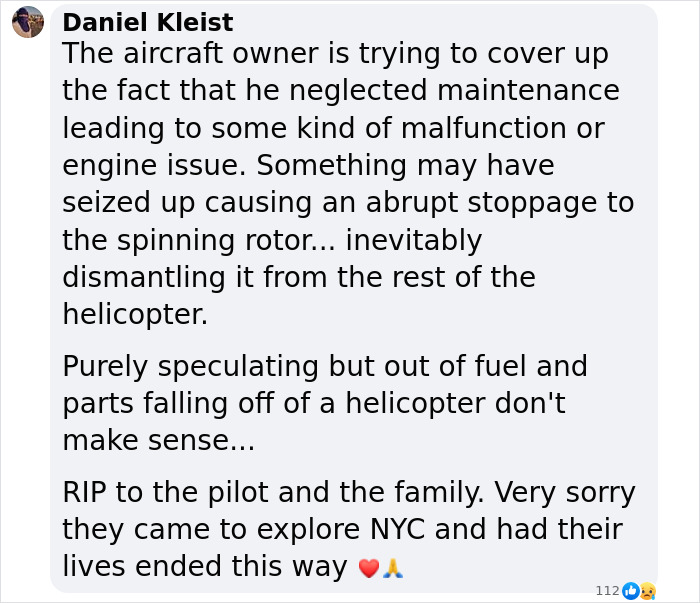 Speculation on NYC helicopter crash cause raises questions, comment with emoji reactions discussing pilot's final message.