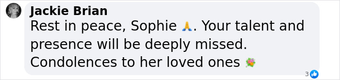 Comment offering condolences for former child star's passing, highlighting deep loss and impact.