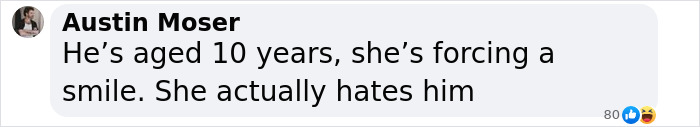Comment by Austin Moser on Facebook, jokingly stating someone has aged 10 years and discussing their relationship dynamics.