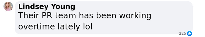 Comment by Lindsey Young about a PR team working overtime.