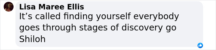 Social media comment supporting Shiloh Jolie-Pitt's transformation and discovery journey. Social media comment supporting Shiloh Jolie-Pitt's transformation and discovery journey.