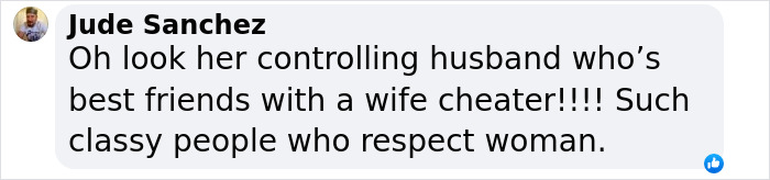 Comment by Jude Sanchez criticizing a controlling husband connected to Ryan Reynolds and Blake Lively in a social media post. Comment by Jude Sanchez criticizing a controlling husband connected to Ryan Reynolds and Blake Lively in a social media post.