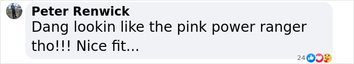 Comment about a pink Power Ranger outfit, referencing a pink catsuit.