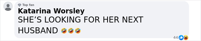 Comment by Katarina Worsley humorously suggesting Jennifer Lopez is "looking for her next husband" with laughing emojis.