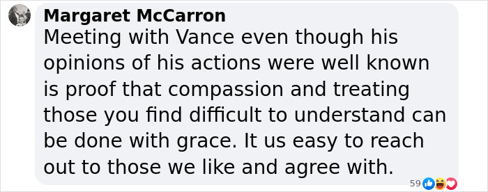 Comment mentioning JD Vance's meeting, emphasizing compassion and understanding.