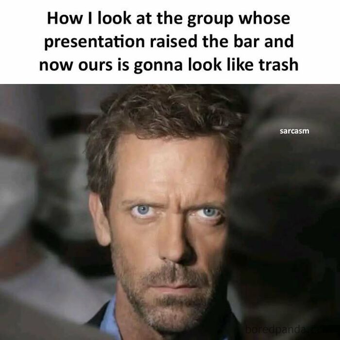 Man with intense stare and caption about a group's presentation challenge, conveying a funny meme moment.
