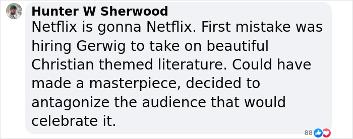 Comment criticizes Netflix's approach to 'Narnia' reboot amid gender swap rumors.