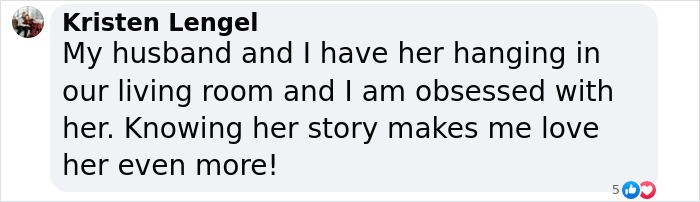 Comment by Kristen Lengel expressing love for a painting, mentioning its display in her living room.