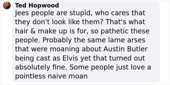 Comment expressing mixed reactions to Beatles biopic casting, questioning concerns over actor resemblance and appearance.