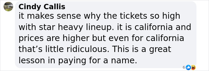 Cindy Callis comments on high ticket prices at Coachella, noting the lineup and California costs.