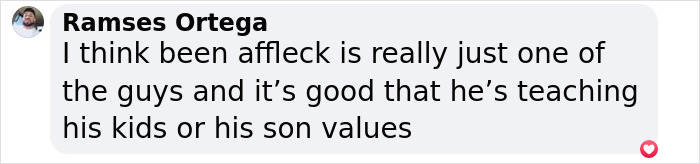 Ben Affleck praised for teaching his kids values through regular jobs, as mentioned in a supportive comment.