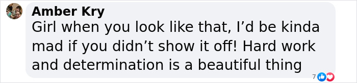 Comment praising a body transformation, highlighting hard work and determination for a golf influencer.