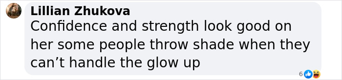 Comment praising a golf influencer's body transformation, mentioning confidence and strength as key qualities.