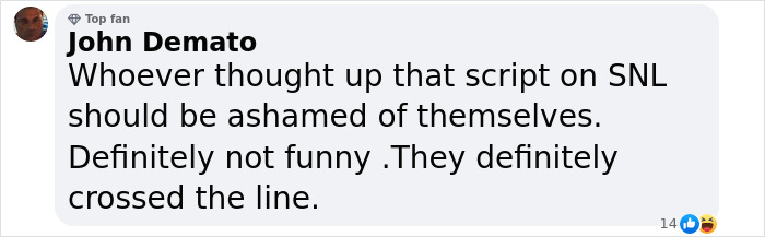 Text screenshot with a fan criticizing an SNL script, calling it not funny and crossing the line.