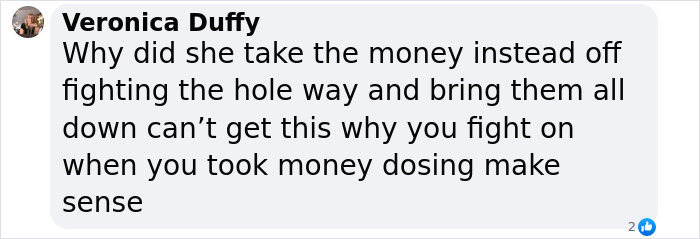 Comment from Veronica Duffy questioning the reasons behind taking money amid Virginia Giuffre’s tragic final note after her death. Comment from Veronica Duffy questioning the reasons behind taking money amid Virginia Giuffre’s tragic final note after her death.