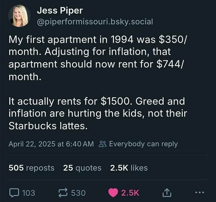 Tweet criticizing capitalism and inflation, highlighting rent increases from $350 to $1500 over the years.