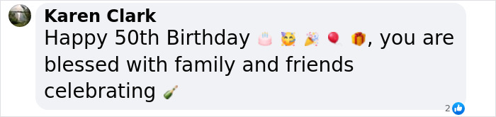 Comment from Karen Clark celebrating 50th birthday, with cake and balloon emojis.