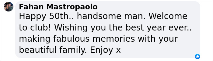 Comment from a fan wishing David Beckham a happy 50th birthday, praising his youthful look.